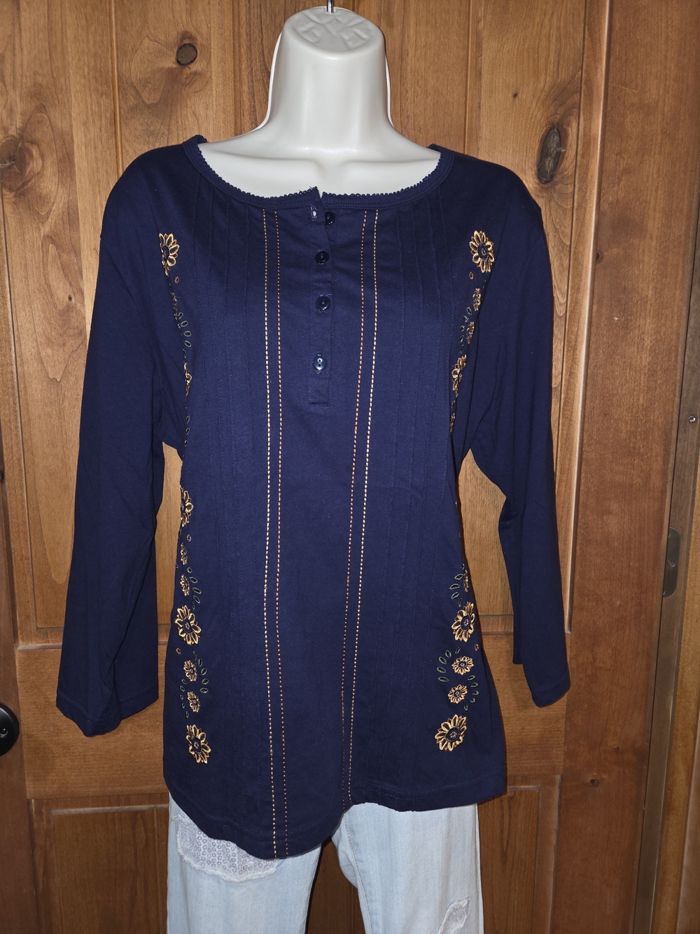 Women's Navy Floral Embroidered Henley Blouse